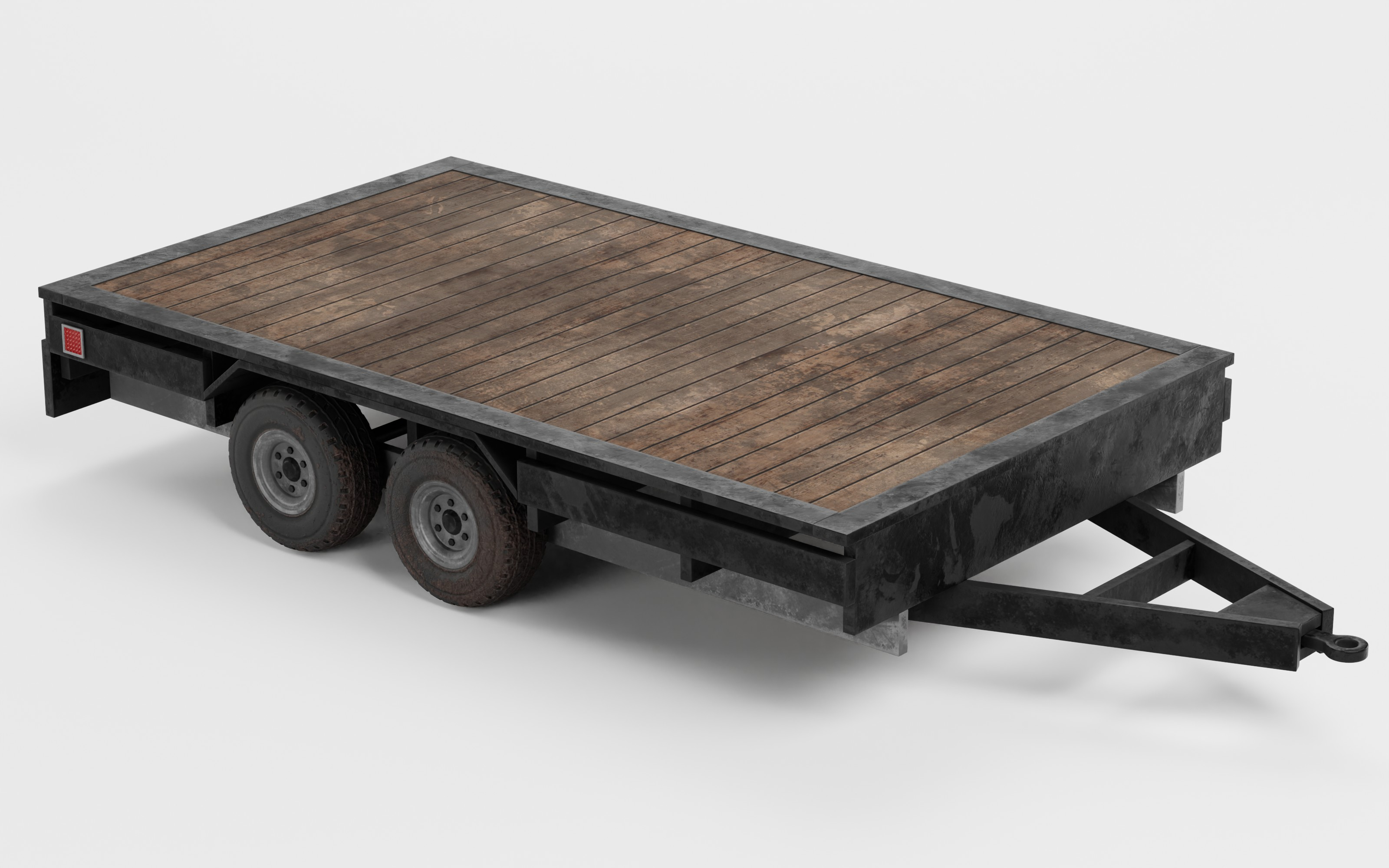 Flatbed trailer with a sturdy wooden deck and durable steel frame, ideal for heavy-duty hauling of oversized equipment and building materials.